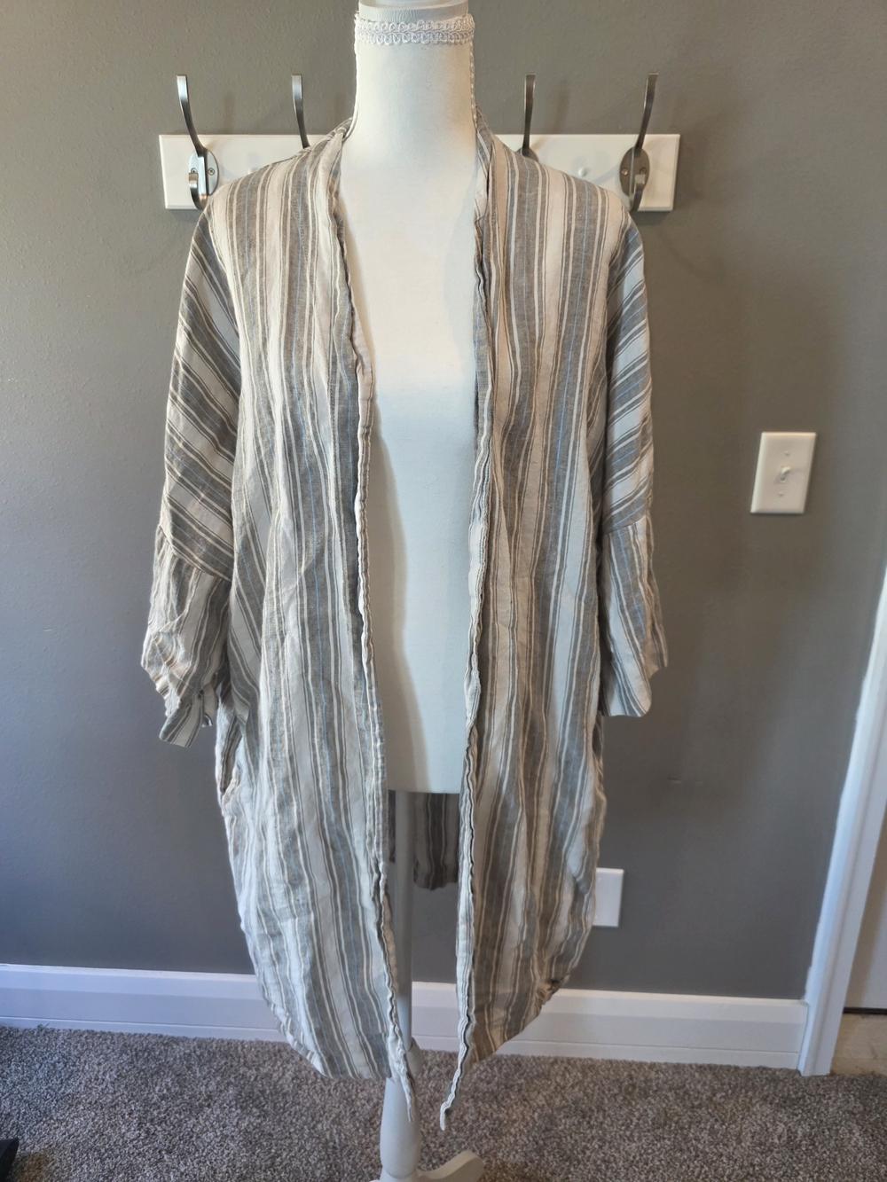 Bryn Walker 100% Linen Open Front Striped Cardigan Duster Jacket Medium Made USA
